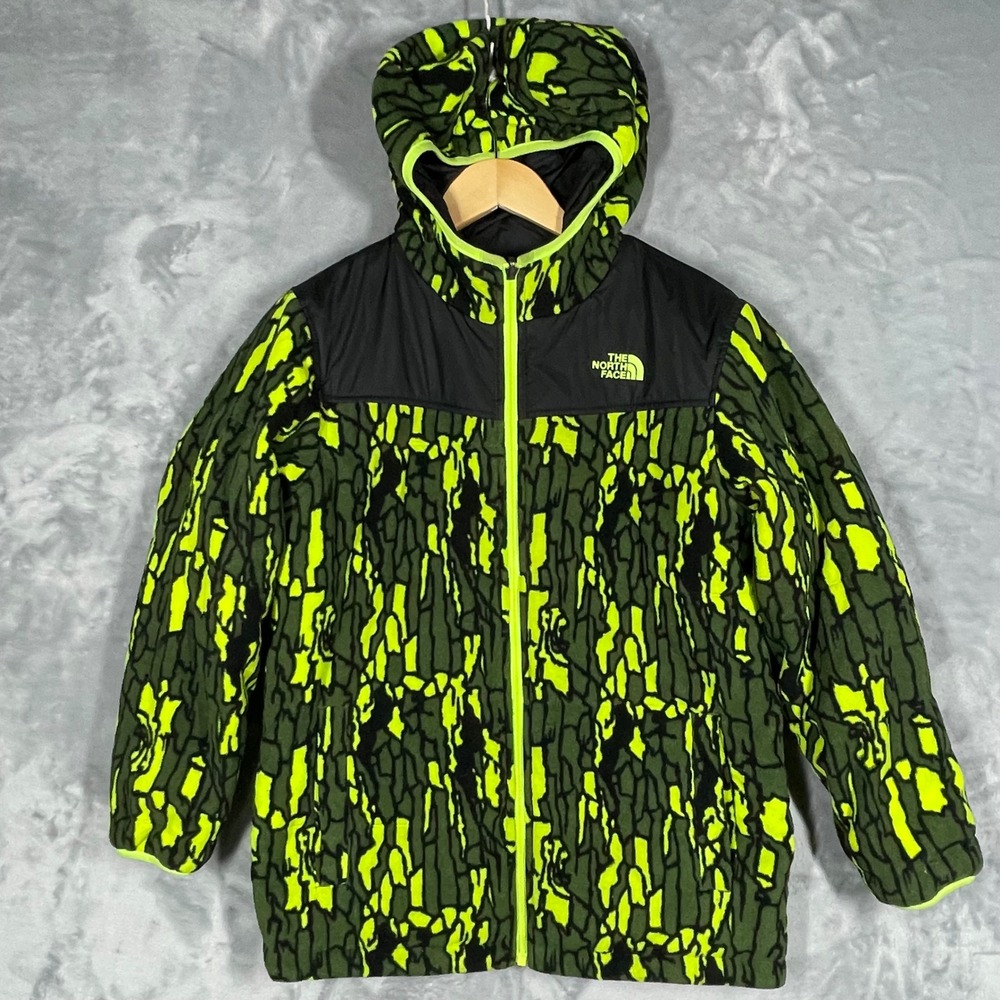 The North Face Boys Reversible Mossbud Swirl Jacket Green Camo Black L 14/16